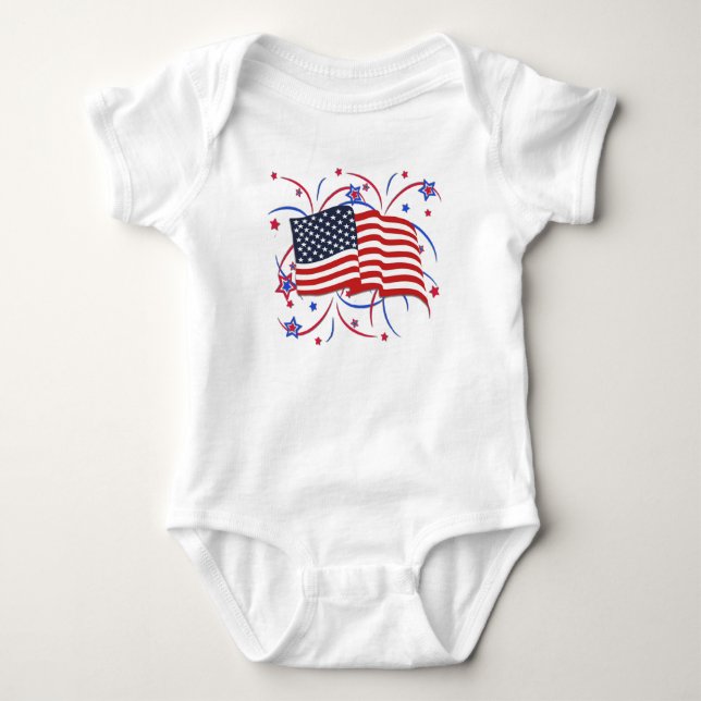 Body Para Bebê Bodysuit de Bebê com Bandeira Americana e Fogos de (Frente)