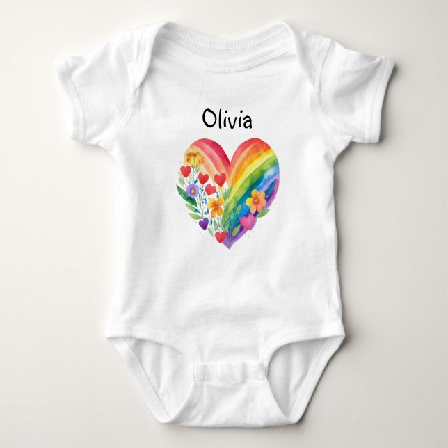 Body Para Bebê Boho Coração Arco-íris Personalizado (Frente)