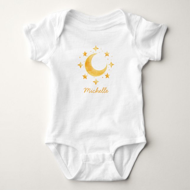 Body Para Bebê Boho Personalizado Aquarela Lua & Estrelas – Fofo  (Frente)