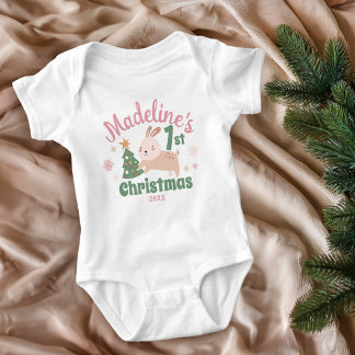 Body Para Bebê Boho Primeiro Natal com Coelho Cute, Árvore, Nome