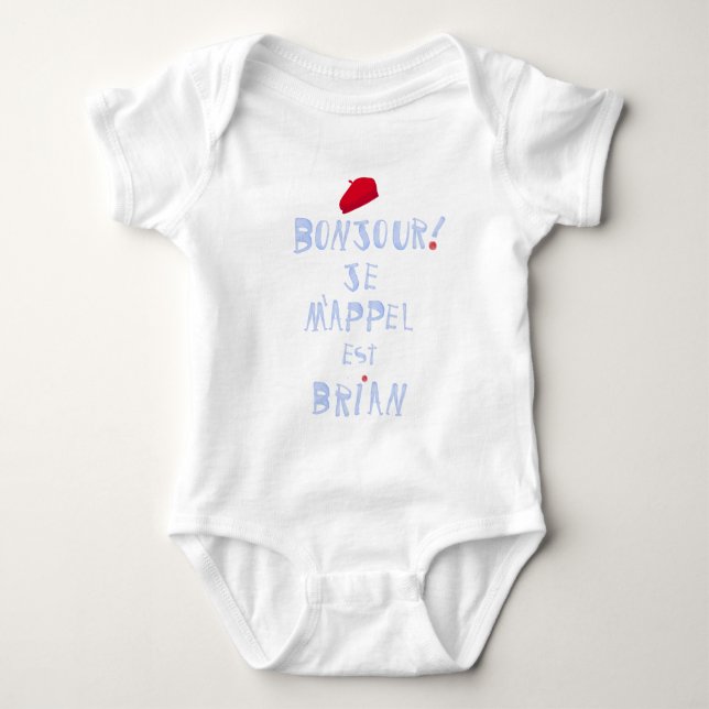 Body Para Bebê Bonjour meu nome Red Beret Cute French Oui baby (Frente)