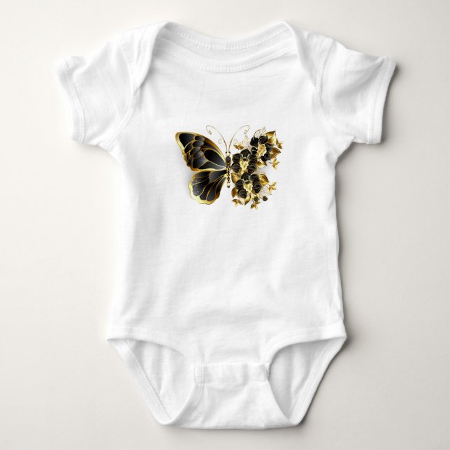 Body Para Bebê Borboleta Flor Dourada com Orquídea Preta (Frente)