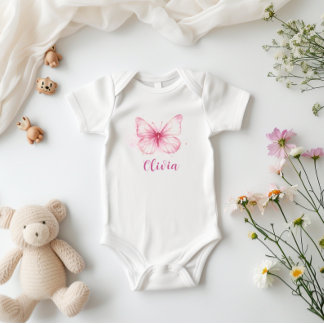 Body Para Bebê Borboleta rosa branca Bebê personalizado macacão