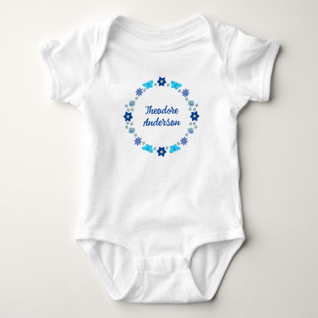 Body Para Bebê Borboletas e flores do menino azul personalizadas (Frente)