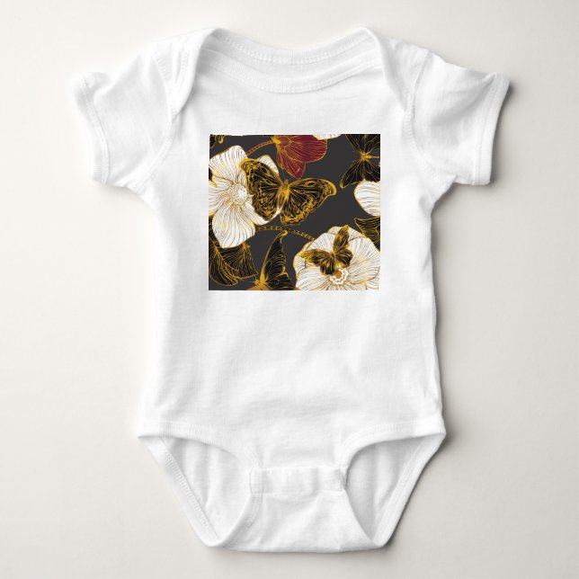 Body Para Bebê Borboletas e flores: padrão de Primavera Boho (Frente)