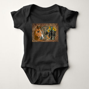 Body Para Bebê Botas de Cowboy Cavalo Roda de Carroça Girassóis W