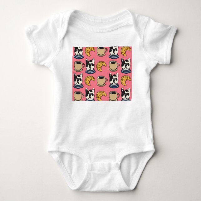 Body Para Bebê Buldogue francês, café, tema croissant. (Frente)
