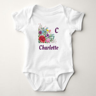 Body Para Bebê C Charlotte Personalize o nome da letra, Rosa Flor