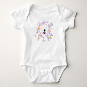 Body Para Bebê Cachorro Samoyed e flores cor-de-rosa, nome person