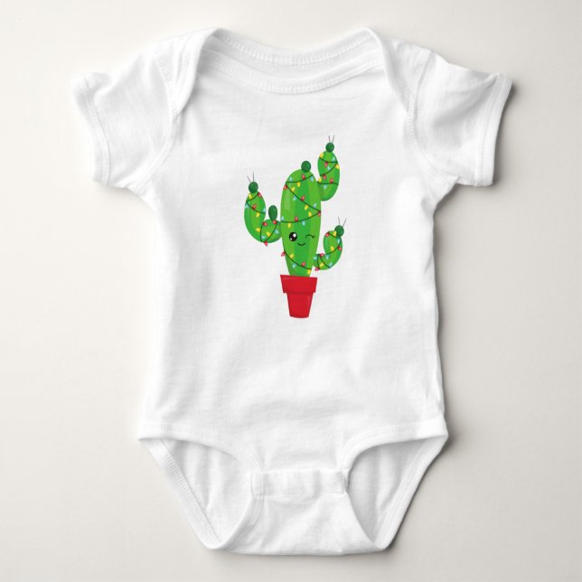 Body Para Bebê Cactus de Natal, Luzes de Natal, Cute Cactus (Frente)