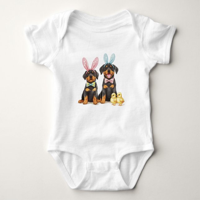 Body Para Bebê Cães Rottweiler de Páscoa com Orelhas de Coelho (Frente)