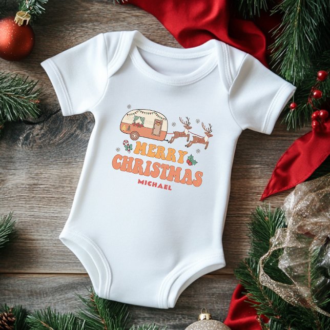 Body Para Bebê Camping Merry Christmas Reindeer Nome Personalizad (Criador carregado)