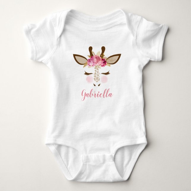 Body Para Bebê Cara de Girafa Floral Dourada Rosa Personalizada (Frente)