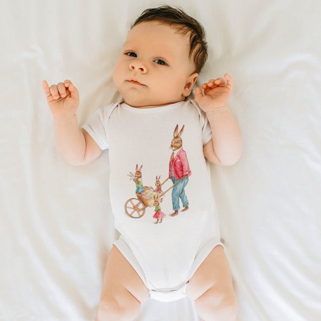 Body Para Bebê Carrinho de Ovos Decorativo da Família de Coelhos  (Vintage Easter Rabbit Family Decorative Egg Cart Baby Bodysuit)