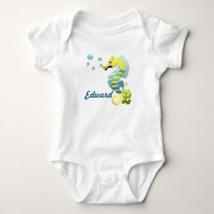 Body Para Bebê Cavalo-marinho azul e amarelo