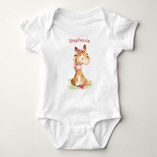 Body Para Bebê Cavalo Pequeno de Aquarela Rosa