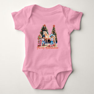 Body Para Bebê Cena de Inverno da Vaqueira Negra Cavalo Feliz Nat