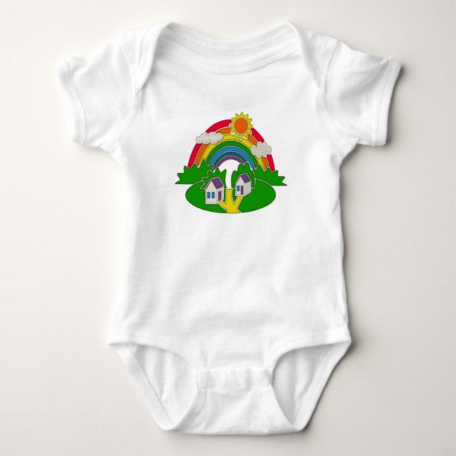 Body Para Bebê Cena rural de desenho animado com arco-íris e casa (Frente)