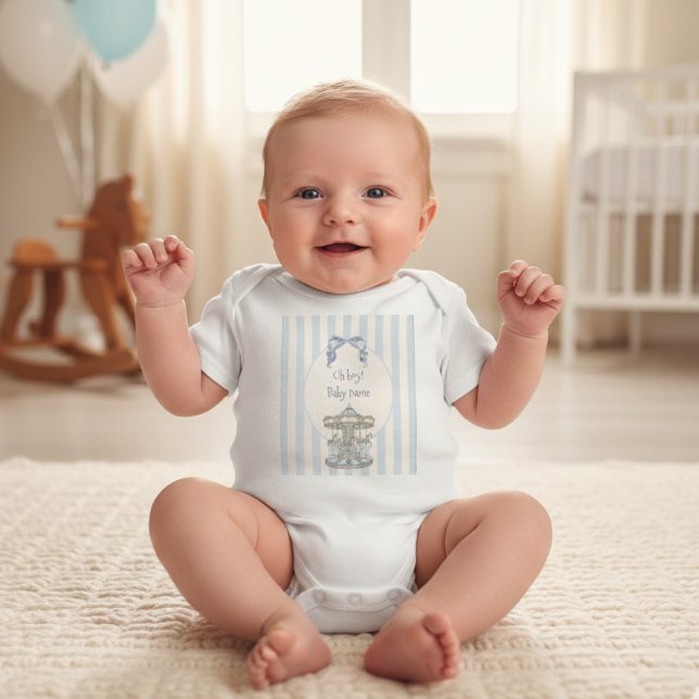 Body Para Bebê Chá de Bebê Menino Azul Carousel Aquarela (Criador carregado)