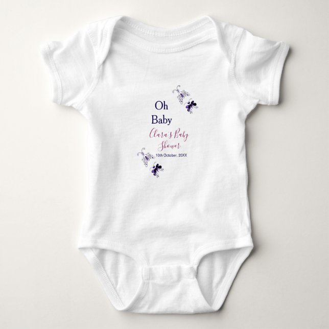 Body Para Bebê Chá de fraldas rosa-borboleta roxa oh bebê moderno (Frente)