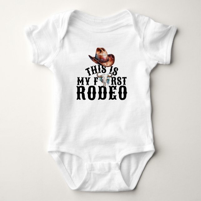 Body Para Bebê Chapéu de Cowboy de Primeiro Rodeio Caveira de Vac (Frente)