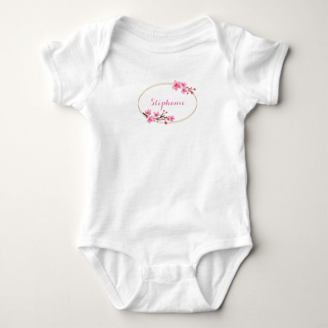 Body Para Bebê Cherry Blossoms - Quadro Oval Dourado - Personaliz (Frente)