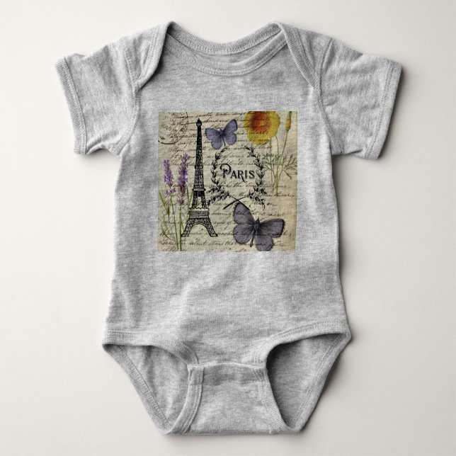 Body Para Bebê chic french butterfly scripts paris eiffel torre (Frente)