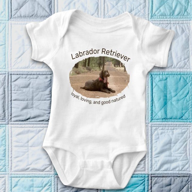 Body Para Bebê Chocolate Lab On A Forest Trail Replaceable Photo (baby body suit with replaceable photo)