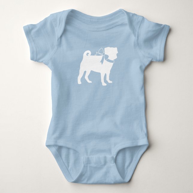 Body Para Bebê Chuva de Bebê Menino Cachorro Pug Azul com Laço (Frente)