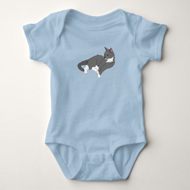 Body Para Bebê Cinza e Gato de Tuxedo Branco (Frente)