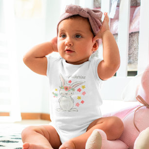 Body Para Bebê Coelhinho bonito com flores, menina personalizada
