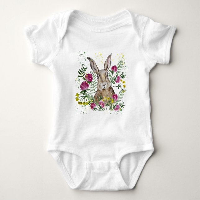 Body Para Bebê Coelhinho bonito em flores aquáticas (Frente)