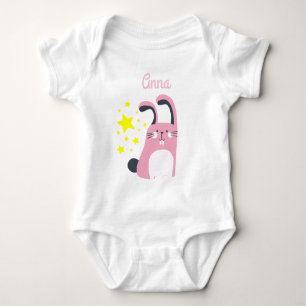 Body Para Bebê coelhinho fofo cor-de-rosa com nome e estrelas