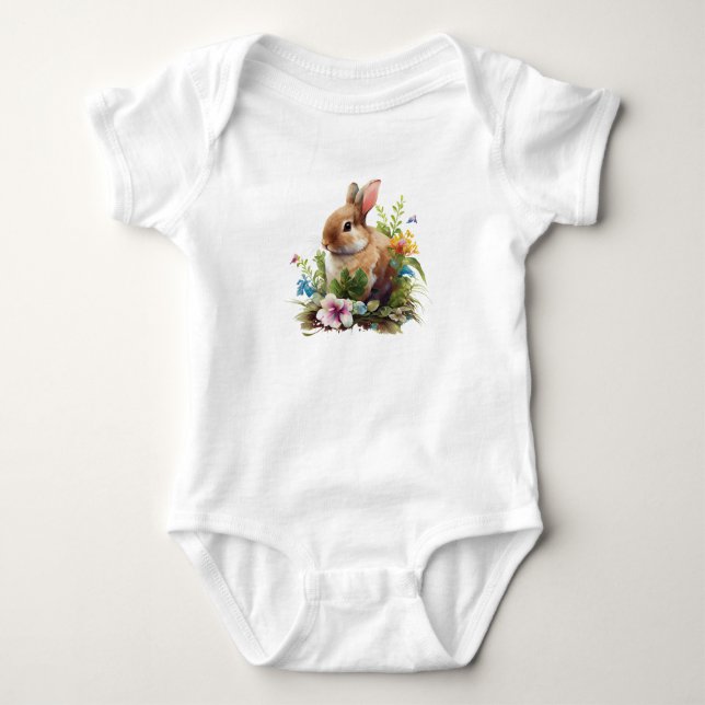 Body Para Bebê Coelho Doce num Campo de Flores (Frente)