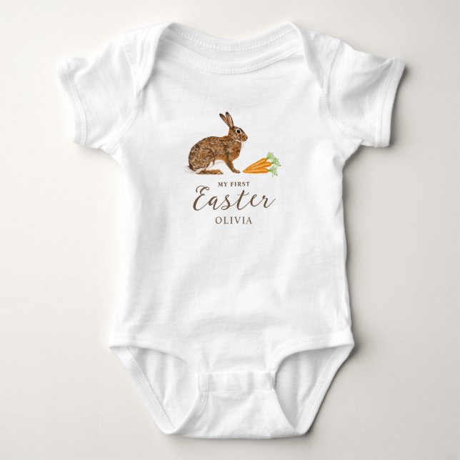 Body Para Bebê Coelho E Cenouras Com Nome 1º Páscoa do Bebê (Frente)