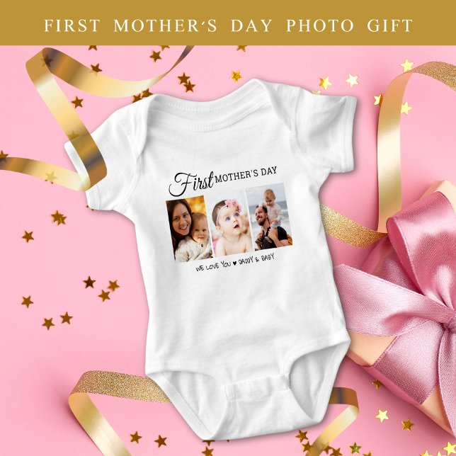 Body Para Bebê Colagem de Fotos Personalizada do Primeiro Dia da  (Personalized First Mother’s Day 3 Photo Collage Baby Bodysuit
)
