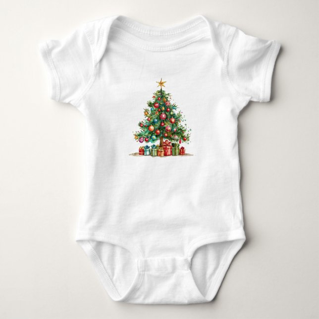 Body Para Bebê Conjunto de Natal Fantasia Árvore de Natal Aquarel (Frente)