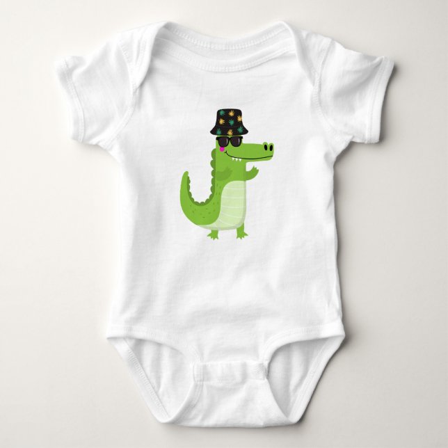 Body Para Bebê Cool Crocodile with Sunglasses and Leafy Bucket (Frente)