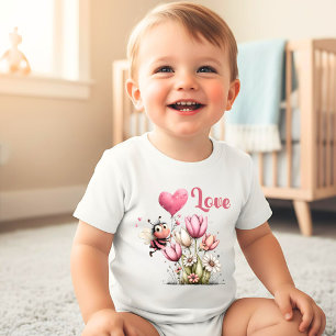 Body Para Bebê Coração de Balão de Amor de Abelha Fofa Flores de 