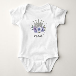 Body Para Bebê Coroa de Princesa Floral Prata Roxa Personalizada