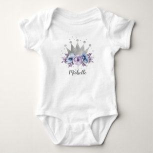 Body Para Bebê Coroa de Princesa Floral Prata Roxa Personalizada