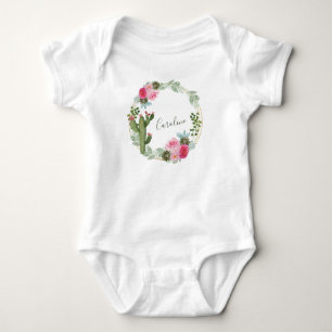 Body Para Bebê Coroa Floral de Cacto em Aquarela Personalizada 