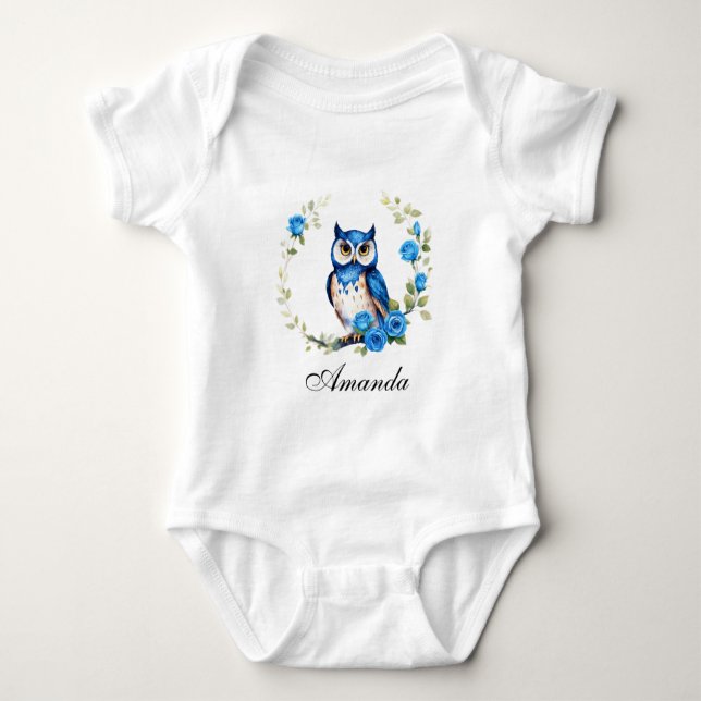 Body Para Bebê Coruja Azul Aquarela e Rosas Femininas (Frente)