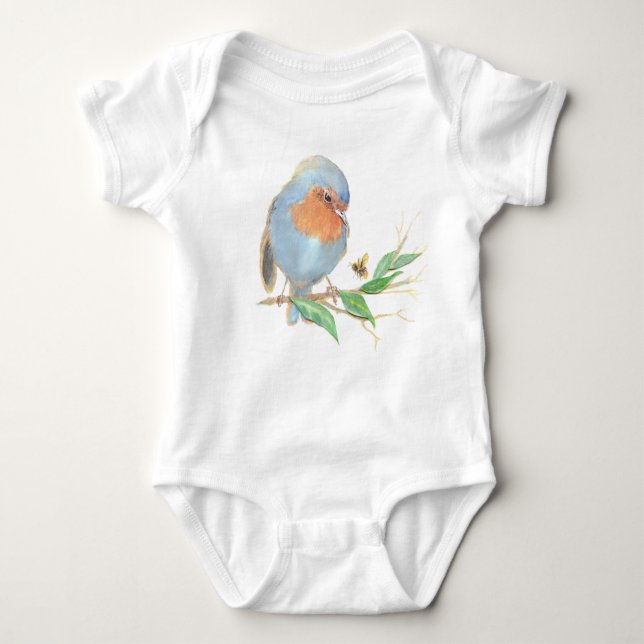 Body Para Bebê Cóta Aquarela Inglês Robin Birds & Bee (Frente)