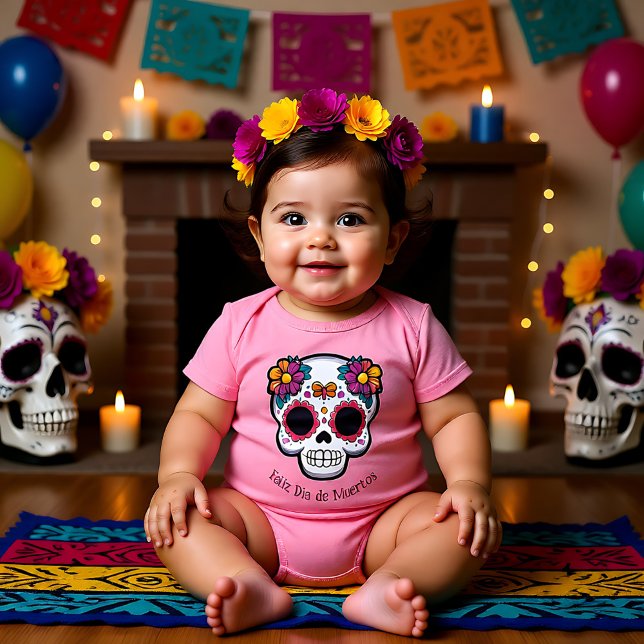 Body Para Bebê 🌹 Crânio de Bebê com margarida 🌹 (🌹Baby Sugar Skull with daisies 🌹 Baby Bodysuit)