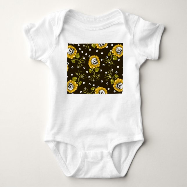 Body Para Bebê Crânios De Girassol: Padrão Único Sem Olho. (Frente)