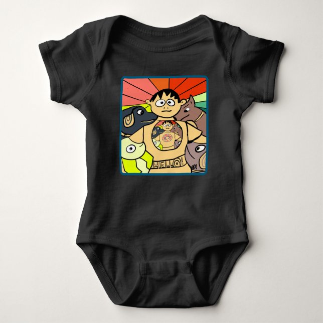 Body Para Bebê Curioso Menino e Seus Animais Brancos (Frente)