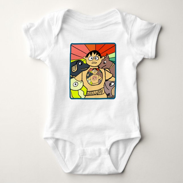 Body Para Bebê Curioso Menino e Seus Animais Brancos (Frente)