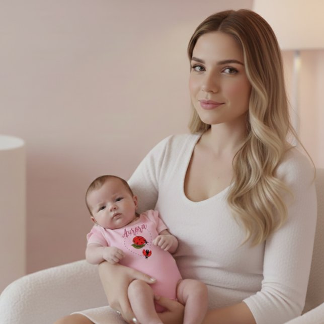 Body Para Bebê Custom Name Ladybug Pink Baby Bodysuit (personalized-ladybug-baby-girl-bodysuit)