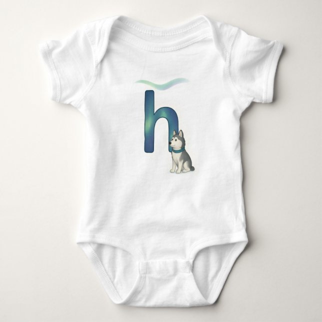 Body Para Bebê Customizable Northern Lights Letter H Husky Puppy (Frente)